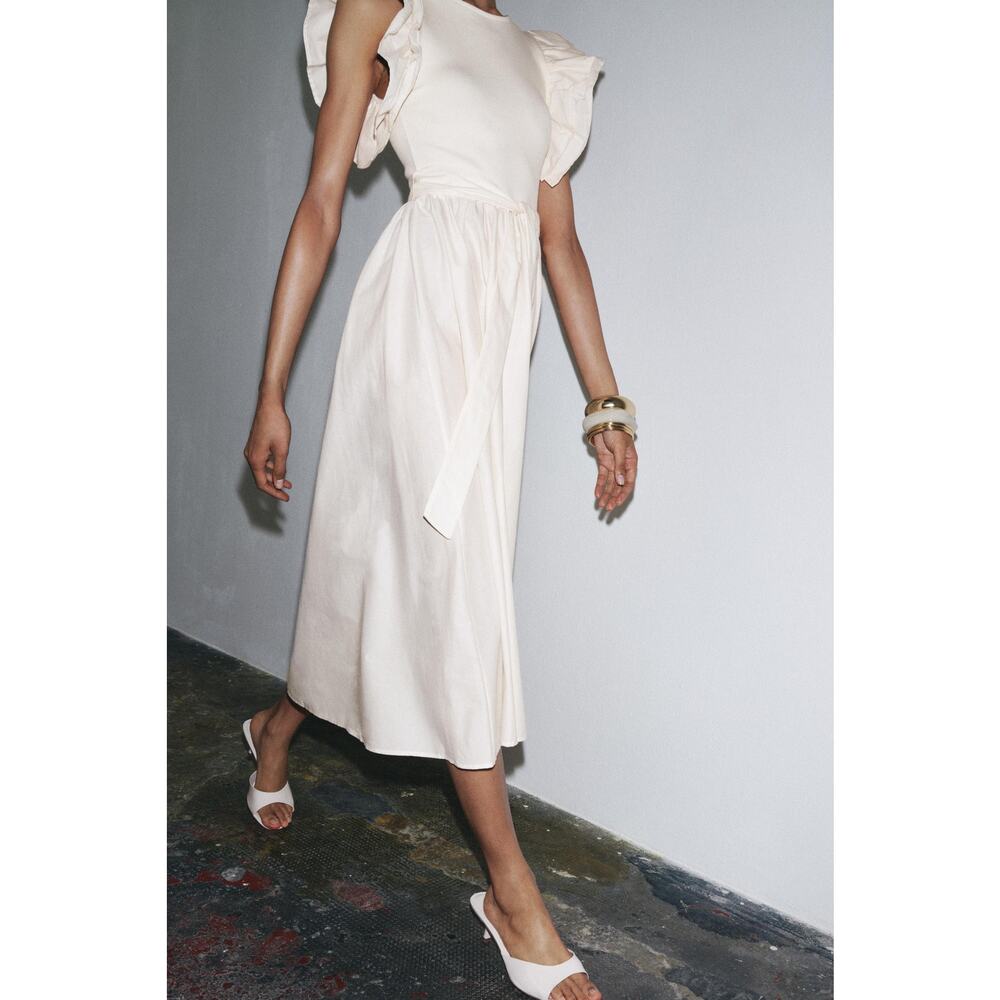 ZARA Ruffled Midi Dress NWT | Ecru Cotton Fit & Flare Belted Size M/L - Picture 12 of 16